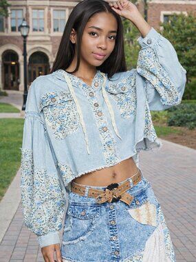 POL Sweet Boho Baby Girl Super Baggy Lightweight Fluttery Floral Denim Hoodie